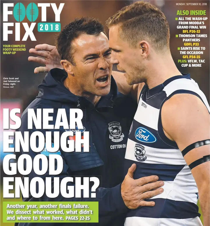  ?? Picture: AAP ?? Chris Scott and Joel Selwood on Friday night.