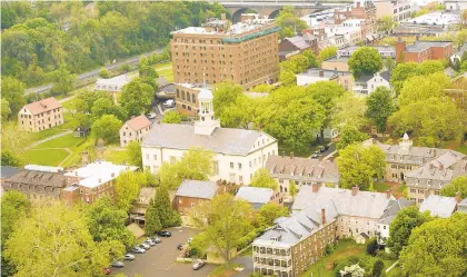  ?? MORNING CALLFILE PHOTO ?? Aerial view of North Side Bethlehem includes the Central Moravian Church of Bethlehem and the Hotel Bethlehem.