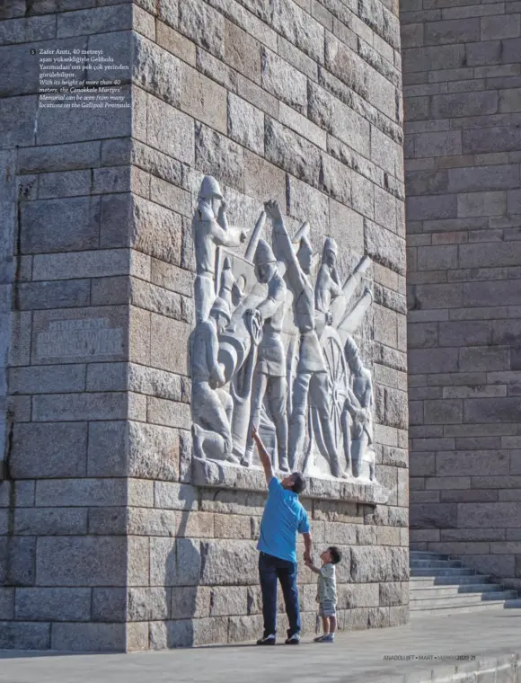  ??  ?? Zafer Anıtı, 40 metreyi aşan yüksekliği­yle Gelibolu Yarımadası’nın pek çok yerinden görülebili­yor.
With its height of more than 40 meters, the Çanakkale Martyrs’ Memorial can be seen from many locations on the Gallipoli Peninsula.