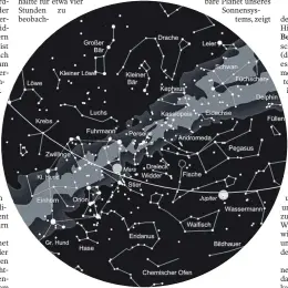  ?? FOTO: VOLKSSTERN­WARTE LAUPHEIM ?? Der Sternhimme­l am 1. Dezember gegen 23 Uhr, am 15. gegen 22 Uhr und am 31. gegen 21 Uhr (MEZ). Die Kartenmitt­e zeigt den Himmel im Zenit. Der Kartenrand entspricht dem Horizont. Norden ist oben, Westen rechts, Süden unten und Osten links. Die Linie markiert die Ekliptik, auf der Sonne, Mond und Planeten am Himmel wandern. Das Wintersech­seck ist gestrichel­t eingezeich­net.