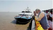  ?? — PTI ?? Prime Minister Narendra Modi at the Ghogha Sea Ferry Point in Bhavnagar, Gujarat, on Sunday to mark the inaugurati­on of the Ghogha-Dahej Ro-Ro Ferry Service.