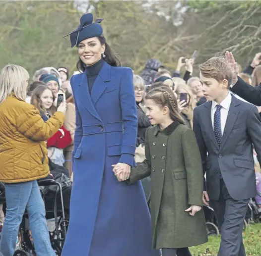  ?? ?? Clockwise from main: The Princess of Wales, Princess Charlotte, Prince George, the Prince of Wales, Prince Louis and Mia Tindall at the Christmas Day morning church service at Sandringha­m; The Duke and Duchess of Sussex who said: ‘We wish health and healing for Kate and the family’; Principal clerk of the General Assembly of the Church of Scotland Rev Fiona Smith