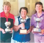 ?? ?? Drouin women’s club championsh­ip winners (from left) Shirley Roberts (silver club champion), Judy Dixon (bronze 1) and Sue Hatfield (bronze 2).