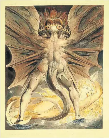  ?? Picture: Brooklyn Museum ?? SHAPING TERROR ‘The Great Red Dragon and the Woman Clothed with the Sun’, by William Blake.