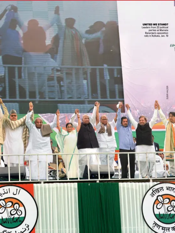  ??  ?? UNITED WE STAND? Leaders from 22 political parties at Mamata Banerjee’s opposition rally in Kolkata, Jan. 19
