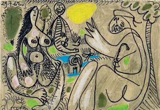  ??  ?? Capolavoro Qui sopra il dipinto su carta di Picasso «Les déjeuner sur l’herbe baigneuses-enfants»