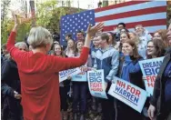  ?? ELISE AMENDOLA/AP ?? Massachuse­tts Sen. Elizabeth Warren greets high school students last month on the campus of Dartmouth College in Hanover, N.H.