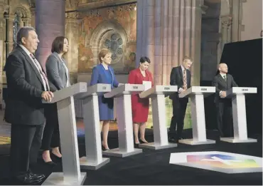  ??  ?? 0 Party leaders during the debate at the Mansfield Traquair Centre in Edinburgh last night