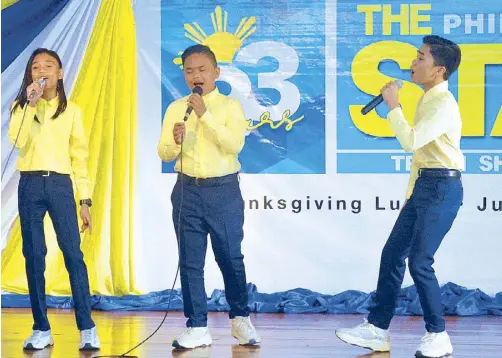  ??  ?? TNT (Tawag Ng Tanghalan) Boys (from left) Kiefer Sanchez, Francis Concepcion and Mackie Empuerto wow The
STAR family when they performed at the paper’s 33rd anniversar­y lunch last July 30 (two days after the actual date). The next day, the trio left for San Francisco where they joined other Kapamilya stars in the staging of ASAP Natin ’To.