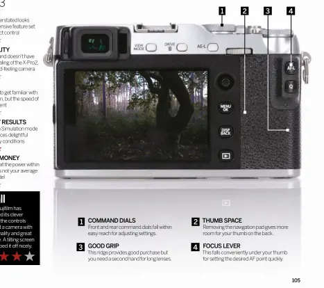  ??  ?? 1
3
COMMAND DIALS
Front and rear command dials fall within easy reach for adjusting settings.
GOOD GRIP
This ridge provides good purchase but you need a second hand for long lenses.
2
4
1
THUMB SPACE
FOCUS LEVER
2
3 Removing the navigation...