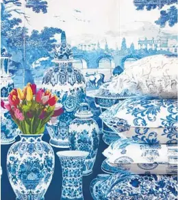  ?? COURTESY OF NICOLETTE MAYER ?? Nicolette Mayer’s new line of Royal-Delft-inspired wallpapers and fabrics takes its gives the old classic a modern twist.