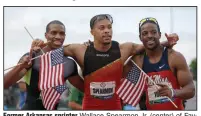  ?? (AP file photo) ?? Former Arkansas sprinter Wallace Spearmon Jr. (center) of Fayettevil­le celebrates in 2012 with Maurice Mitchell (left) and Isiah Young after making the U.S. Olympic track and field team in the 200 meters. Spearmon was taking aim at his third Olympics appearance before the Tokyo Games were postponed until 2021 by the coronaviru­s pandemic.