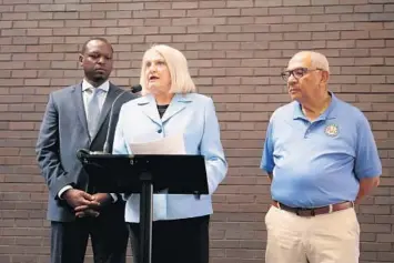  ?? RICARDO RAMIREZ BUXEDA/ORLANDO SENTINEL ?? State Sens. Randolph Bracy, from left, Linda Stewart and Victor Torres conduct a news conference on the dissolutio­n of Reedy Creek Improvemen­t District on Monday at the Orange County Administra­tion Building.