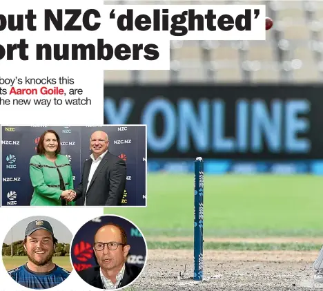  ?? GETTY IMAGES ?? Kane Williamson and the Black Caps, main photo, have lured viewers to Spark Sport, delighting NZ Cricket CEO David White, above right, Spark CEO Joline Hodson, above left, and Spark Sport’s Jeff Latch, below right. Te Puke club president and senior captain Stephen Crossan, below left, is less impressed.