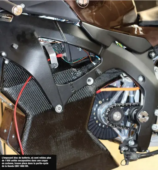  ??  ?? L’imposant bloc de batterie, où sont reliées plus de 1 000 unités encapsulée­s dans une coque en carbone, trouve place dans la partie-cycle de la Honda CBR 1000 RR.