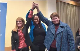  ?? PETE BANNAN - MEDIANEWS GROUP ?? Democrats Elaine Paul Schaefer, left, Monica Taylor and Christine Reuther celebrate their victory in the race for Delaware County Council last Tuesday night.