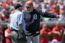  ?? CHRIS O’MEARA — THE ASSOCIATED PRESS ?? Detroit Tigers manager Ron Gardenhire argues with home plate umpire Tom Hallion after Tigers pitcher Matthew Boyd was ejected in the fifth inning of a spring training game with the Phillies Thursday.