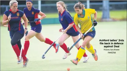  ?? Pictures: Gary Browne FM4922768 ?? Ashford ladies’ 3rds file back in defence against Deal