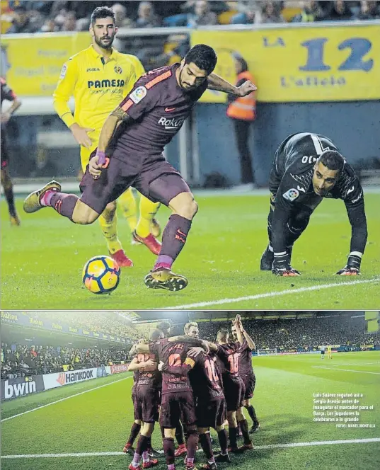  ?? FOTOS: MANEL MONTILLA ?? Luis Suárez regateó así a Sergio Asenjo antes de inaugurar el marcador para el Barça. Los jugadores lo celebraron a lo grande