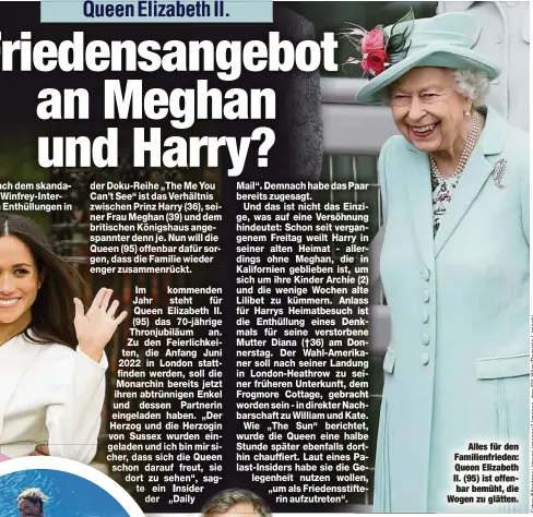  ??  ?? Alles für den Familienfr­ieden: Queen Elizabeth II. (95) ist offenbar bemüht, die Wogen zu glätten.