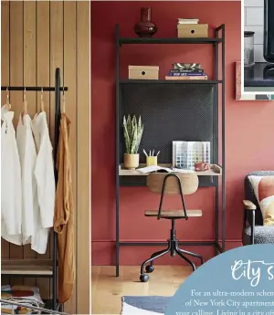  ??  ?? If it’s a tight squeeze in your home office, then opt for a tall desk with shelving that makes use of the vertical space.
Benson Blue table lamp, £20; Cooper Charcoal bouclé armchair, £350; faux floral snake plant, £16; jacquard flatweave half-moon rug, £50; Mid-century faux floral plant snake, £16; Mid-century geo embroidere­d cushion, £16; Mid-century house stacking mugs, £10; Mid-century jacquard geo throw, £25; Mid-century shaped vase, £10; Old school vintage-style office chair, £50; Turner industrial desk with mesh magnetic back board, £140, all Habitat