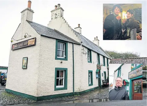  ?? ?? SAVED: The Red Lion Inn in Culross, which has been saved. Inset top, Outlander stars Sam Heughan and Caitriona Balfe enjoy a drink there and inset above, Tim Collins of the Culross Developmen­t Trust said it was “super” news.