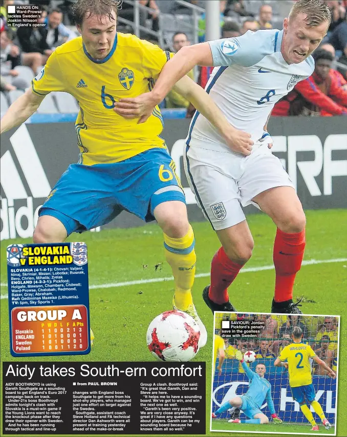  ??  ?? HANDS ON: Ward-Prowse tackles Sweden’s Joakim Nilsson in England’s opener Chovan; Valjent, Rusnak, Ninaj, Skriniar, Mazan; Lobotka; Bero, Chrien, Mihalik; Zrelak Pickford; Holgate, Mawson, Chambers, Chilwell; Ward-Prowse, Chalobah; Redmond, Baker,...