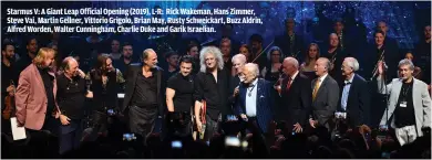  ??  ?? STARMUS V: A GIANT LEAP OFFICIAL OPENING (2019), L-R: RICK WAKEMAN, HANS ZIMMER, STEVE VAI, MARTIN GELLNER, VITTORIO GRIGOLO, BRIAN MAY, RUSTY SCHWEICKAR­T, BUZZ ALDRIN, ALFRED WORDEN, WALTER CUNNINGHAM, CHARLIE DUKE AND GARIK ISRAELIAN.