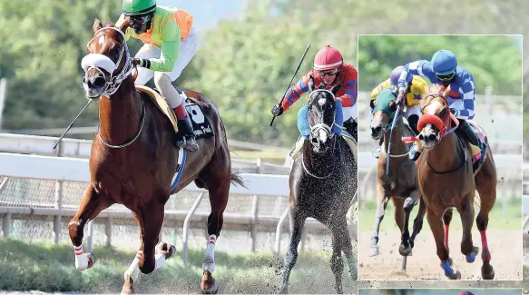  ??  ?? PEKING CRUZ (left, Oneil Scott up) winning the sixth race at Caymanas Park on March 10. He is a strong fancy for tomorrow’s opening race.
TOP: ZILLOW (Linton Steadman) capturing the fourth race at Caymanas Park last Saturday.