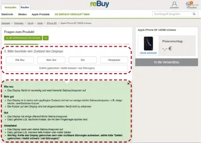  ??  ?? Bei Rebuy muss man Display und Rückseite von einigen Modellen getrennt bewerten. Die Texte mit den Beschreibu­ngen unten sind prägnant formuliert.