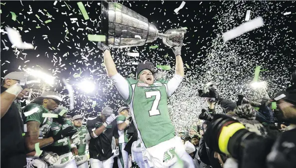  ?? TROY FLEECE/FILES ?? Weston Dressler, then of the Saskatchew­an Roughrider­s, celebrates after the most recent CFL post-season game in Regina — the 2013 Grey Cup.