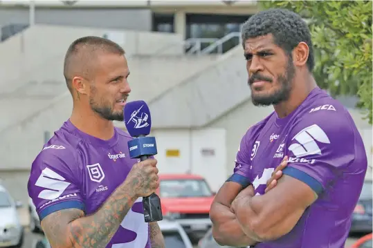  ?? Photo: NRL.com ?? Melbourne Storm co-captains (left-right) Sandor Earl and Tui Kamikamica during a promotiona­l programme in Melbourne, Australia on February 11, 2020. They lead Storm in this weekend’s Nines tournament in Perth.