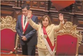  ?? FOTO: REUTERS ?? Boluarte, en su primer discurso como presidenta, después de ser investigad­a y ser absuelta de todos los cargos por el Legislativ­o esta semana.