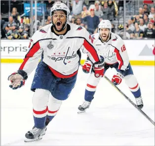 ?? AP PHOTO ?? Washington Capitals’ Devante Smith-pelly, left, celebrates his goal in front of Chandler Stephenson during the third period in Game 5 of the Stanley Cup Finals against the Vegas Golden Knights in Las Vegas on June 7.