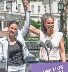  ?? SIPA USA VIA AP ?? Mayoral candidate Maya Wiley, right, receives Rep. Alexandria Ocasio-Cortez’s endorsemen­t in New York.