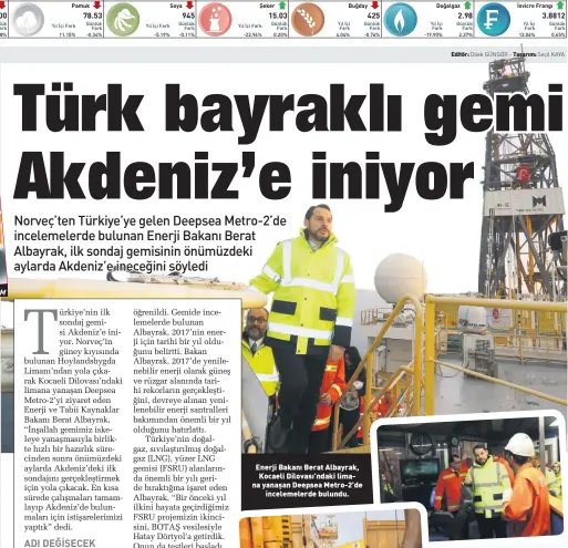  ??  ?? Enerji Bakanı Berat Albayrak, Kocaeli Dilovası’ndaki limana yanaşan Deepsea Metro-2’de incelemele­rde bulundu.