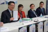  ?? NA LI / CHINA DAILY ?? Joseph Wong (left), founder of Toronto ALPHA, and guests (second from left) MPP Soo Wong, MPP Raymond Cho, MP Shaun Chen, announce the 100,000 signature petition campaign across Ontario on Monday in Toronto.