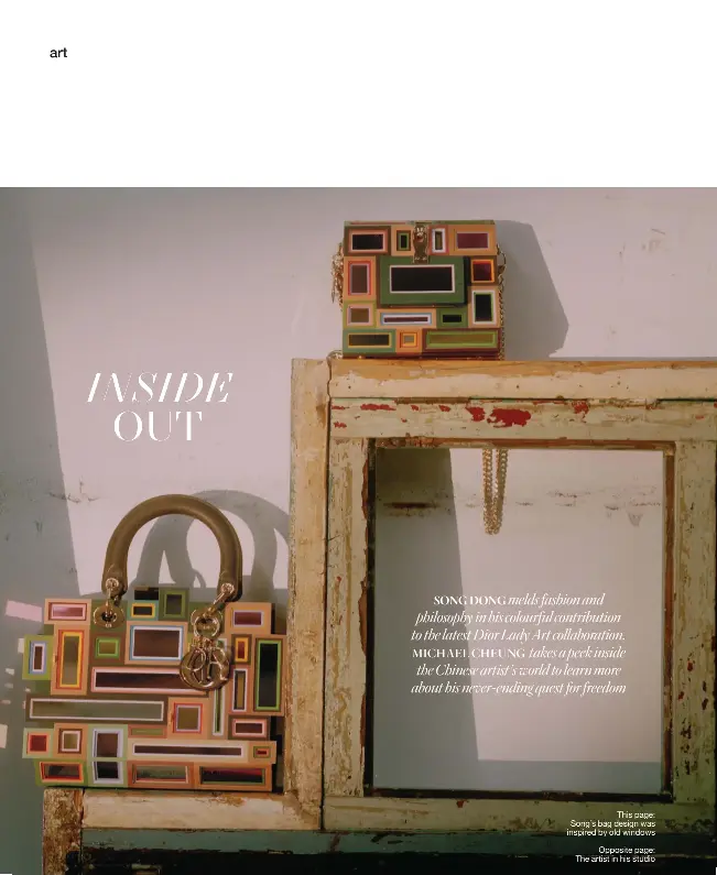  ??  ?? This page: Song’s bag design was inspired by old windows
Opposite page: The artist in his studio