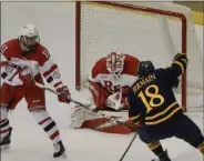  ?? BY JOE BOYLE JBOYLE@DIGITALFIR­STMEDIA.COM @BOYLERALER­TTROY ON TWITTER ?? Owne Savory makes a save at the Houston Field House on February 21 in a 4-0 shut out win over Quinnipiac.