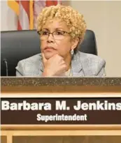  ?? RICARDO RAMIREZ BUXED/ORLANDO SENTINEL ?? Superinten­dent Barbara Jenkins, seen during an Orange County School Board meeting Tuesday, will retire later this year. The school board has selected three semifinali­sts during its search to find her successor.