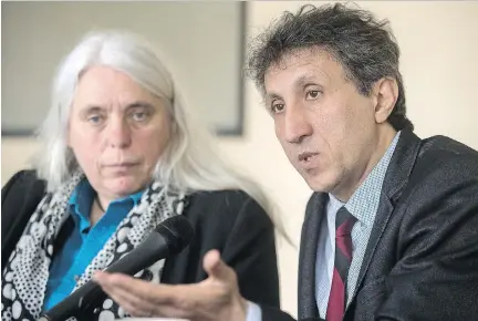  ?? DAVE SIDAWAY ?? Québec solidaire’s Amir Khadir and Manon Massé, left, spoke to the Montreal Gazette’s editorial board on Monday on the occasion of the party’s 10th anniversar­y.