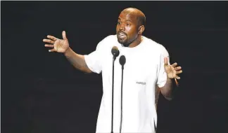  ?? CHRIS PIZZELLO / INVISION / AP FILE (2016) ?? Kanye West appears in August 2016 at the MTV Video Music Awards at Madison Square Garden in New York. In an interview Tuesday on “TMZ Live,” West said, “When you hear about slavery for 400 years, for 400 years, that sounds like a choice.” West also...