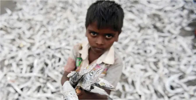  ??  ?? CHENNAI: An Indian boy holds dried fish before taking them to a market at a fishing harbor in Chennai.—AFP