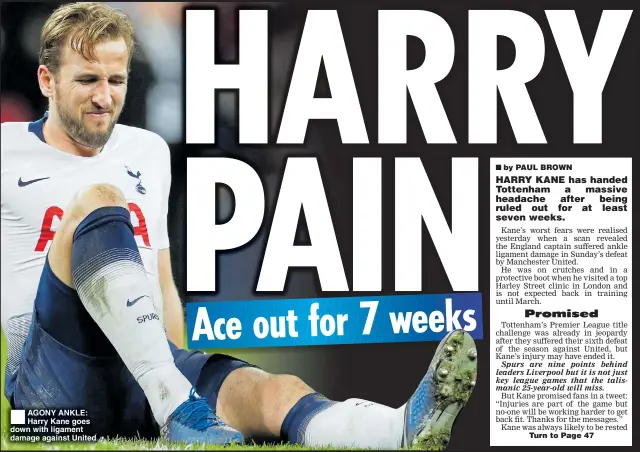  ??  ?? AGONY ANKLE: Harry Kane goes down with ligament damage against United