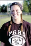  ?? MARK HUMPHREY ENTERPRISE-LEADER ?? Prairie Grove 2017 graduate Riley Gerwig represente­d the senior class during a May 16 Powder Puff girls football game between the seniors and juniors. The seniors won 18-0. Gerwig was an outstandin­g volleyball player for the Lady Tigers during her high...