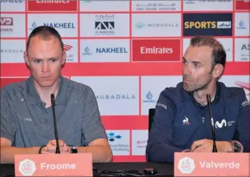  ??  ?? Chris Froome y Alejandro Valverde, ayer en Dubái en la rueda de prensa previa a la carrera.