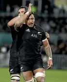  ??  ?? Shannon Frizell gives the fins-up to Tasman Mako fans after scoring for the All Blacks.