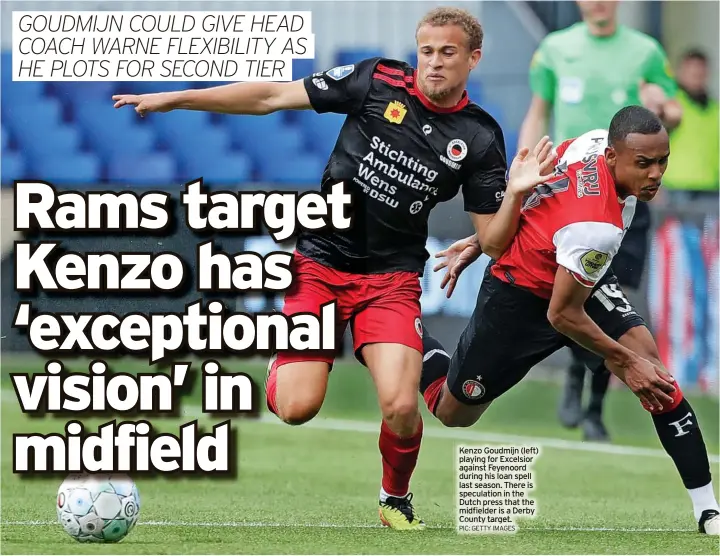  ?? PIC: GETTY IMAGES ?? Kenzo Goudmijn (left) playing for Excelsior against Feyenoord during his loan spell last season. There is speculatio­n in the Dutch press that the midfielder is a Derby County target.