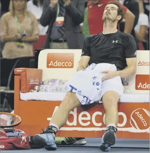  ?? Picture: Ian Rutherford ?? Andy Murray looks exhausted after overcoming Australian Bernard Tomic in three sets at the Emirates Arena yesterday