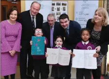  ??  ?? Two Mile Community National School teacher Catherine Barry and students Cailean Laing , Aoife Casey and Caoimhe Byrne with Ann O’Dwyer (KETB), Cllr Jim Finucane (Chairperso­n KETB) and Minister Brendan Griffin at the KETB strategy launch.